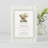 Invitation Sage Green Stripe Beary First Birthday (Debout devant)
