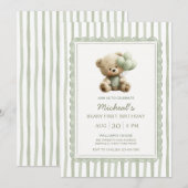 Invitation Sage Green Stripe Beary First Birthday (Devant / Derrière)