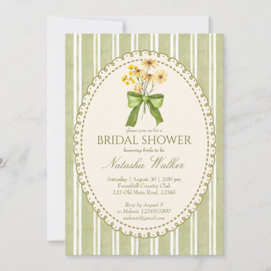 Invitation Sage green stripe retro elegant bridal shower (Devant)