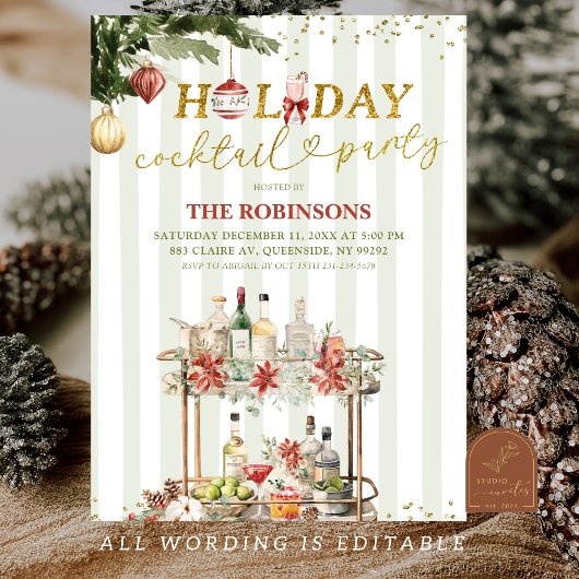 Invitation Sage Green Stripes Christmas Holiday Cocktail