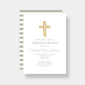 Invitation Sage Green Stripes Croix religieuse Christening