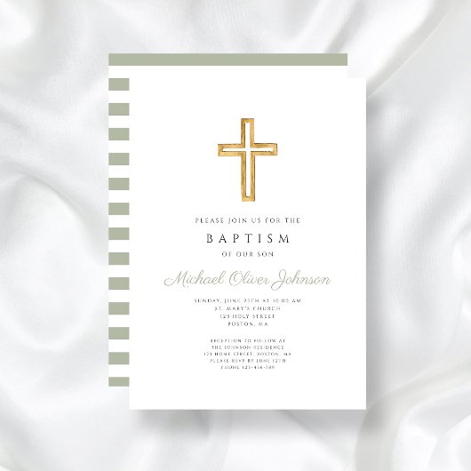 Invitation Sage Green Stripes Religieux Croix Baptême