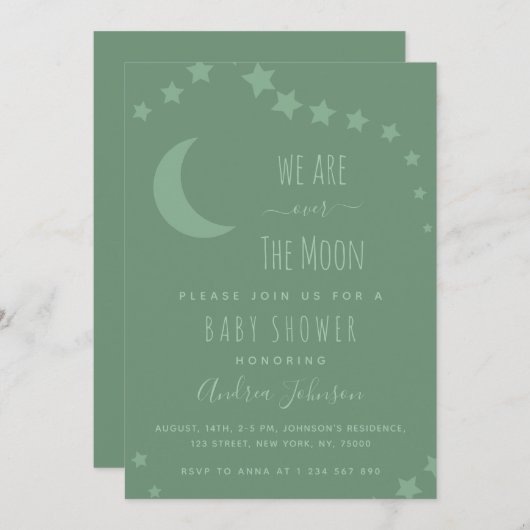 Invitation Sage Green sur la lune et les étoiles Dreamy (Devant / Derrière)