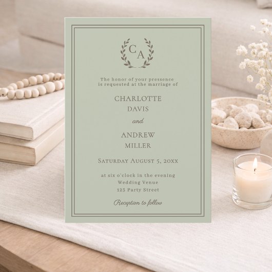 Invitation Sage green taupe wreath monogram simple wedding 