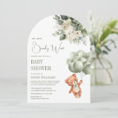 Invitation Sage Green Teddy Boloons Ours Baby shower Floral (Debout devant)
