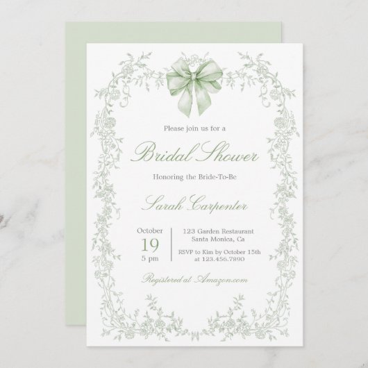 Invitation Sage Green Toile and Bow Bridal Shower (Devant / Derrière)