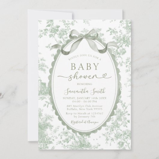 Invitation Sage Green Toile Chinoiserie Bow Baby Shower (Devant)
