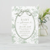Invitation Sage Green Toile Chinoiserie Bow Baby Shower (Debout devant)
