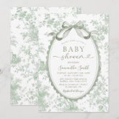 Invitation Sage Green Toile Chinoiserie Bow Baby Shower (Devant / Derrière)