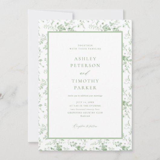 Invitation Sage Green Toile Classic Floral Mariage (Devant)