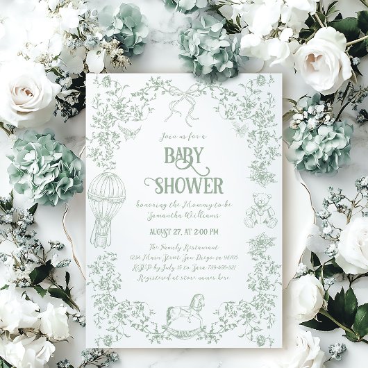 Invitation Sage Green Toile Floral Bow Bear Baby shower