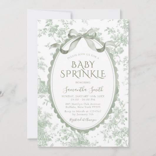 Invitation Sage Green Toile Floral Chinoiserie Baby Sprinkle (Devant)