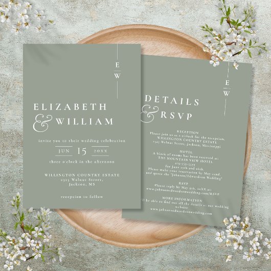 Invitation Sage Green Tout en un Mariage Monogramme moderne