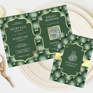 Invitation Sage Green Tufted Motif QR Code Musulman Mariage