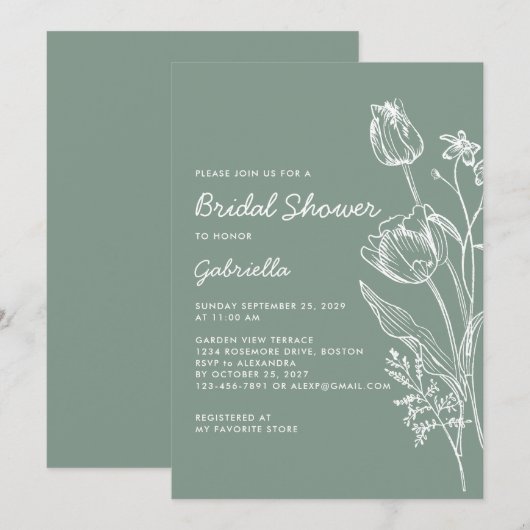 Invitation Sage Green Tulip Line Art Garden Bridal Shower (Devant / Derrière)
