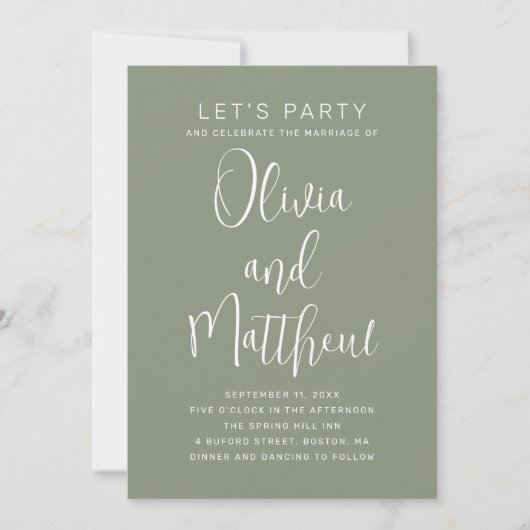 Invitation Sage green typographie script mariage + détails QR (Devant)