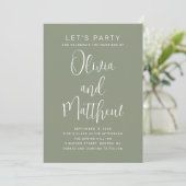 Invitation Sage green typographie script mariage + détails QR (Debout devant)