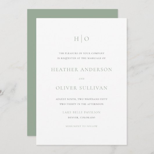 Invitation Sage Green Typographie simple Monogramme Mariage (Devant / Derrière)