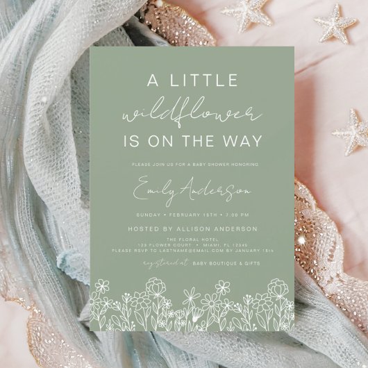 Invitation Sage Green Un Petit Baby shower Fleur sauvage