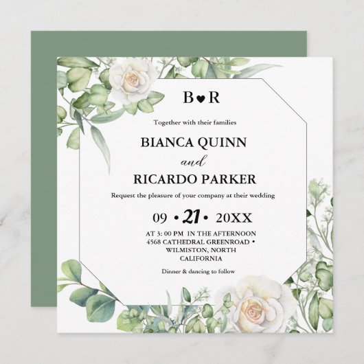 Invitation Sage Green verte eucalyptus Carré Mariage (Devant / Derrière)