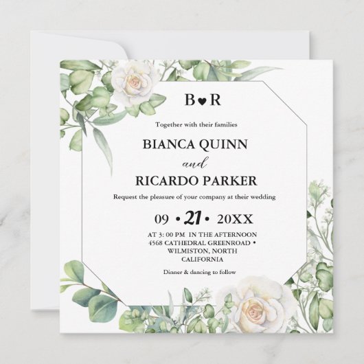 Invitation Sage Green verte eucalyptus Carré Mariage (Devant)