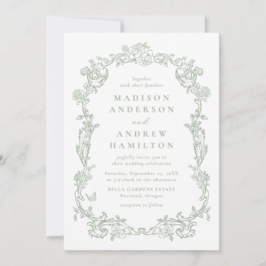 Invitation Sage Green Victorian Floral All in One Wedding (Devant)