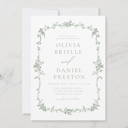 Invitation Sage Green Victorian French QR Code Mariage (Devant)