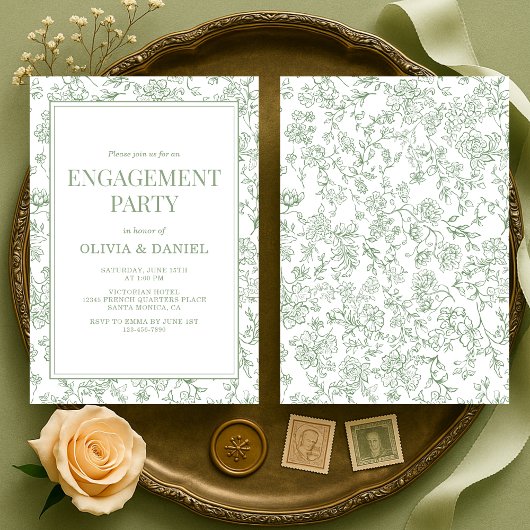 Invitation Sage Green Vintage French Floral Engagement Party