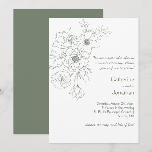 Invitation Sage Green Vintage Line Drawn Bouquet Reception (Devant / Derrière)