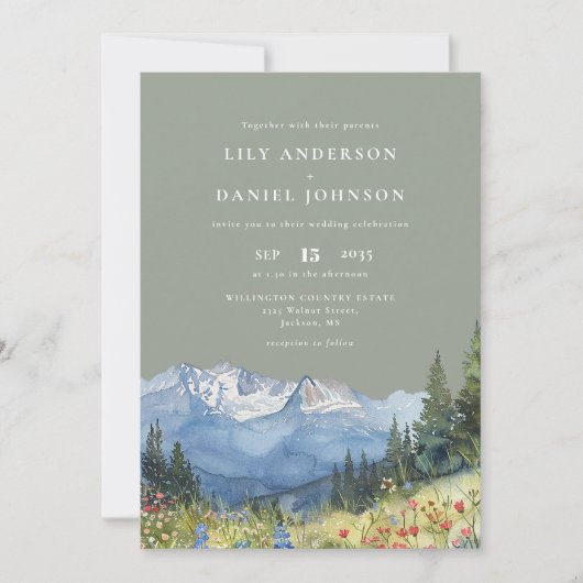 Invitation Sage Green Watercolor Mountain QR Code Mariage (Devant)