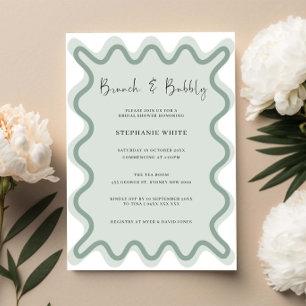 Invitation Sage Green Wavy Bordure Brunch et Bubbly