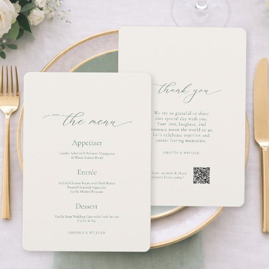 Invitation Sage Green Wedding Menu Card – Double Sided