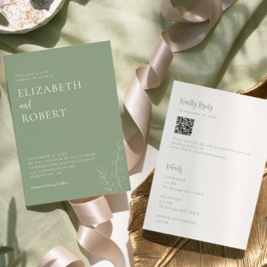 Invitation Sage Green Wedding Minimalist Modern QR Code