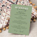 Invitation Sage Green Week-end Anniversaire Itinéraire Invita<br><div class="desc">Sage Green Moderne Calligraphie Heure de fin de semaine calendrier. Le design présente une élégante disposition de texte de style moderne. Pour effectuer des modifications avancées,  sélectionnez l'option "Cliquez pour customiser plus loin" sous Personnaliser ce modèle.</div>