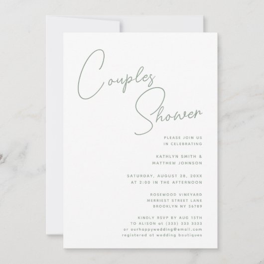 Invitation Sage Green Whimsical Script Chic Couples Douche (Devant)