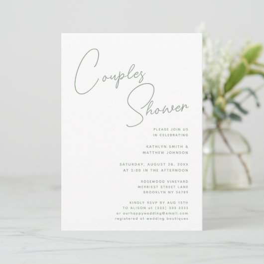 Invitation Sage Green Whimsical Script Chic Couples Douche (Debout devant)