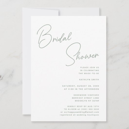 Invitation Sage Green Whimsical Script Fête des mariées chic (Devant)