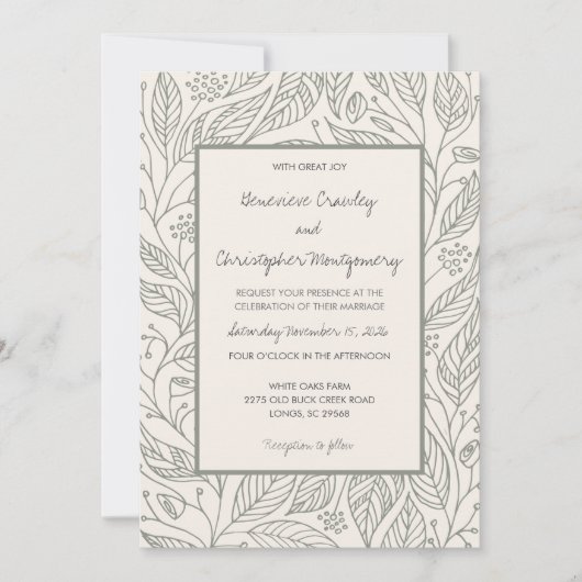 Invitation Sage Green Whimsy Mariage de feuillage tiré main (Devant)