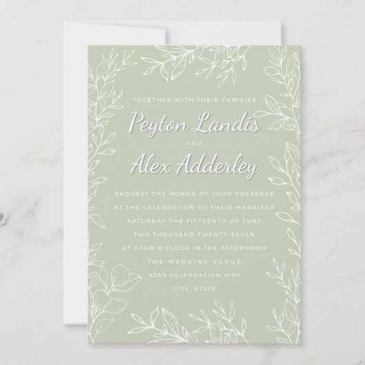 Invitation Sage Green White Botanical Line Feuille Mariage d' (Devant)