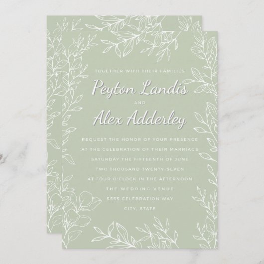 Invitation Sage Green White Botanical Line Feuille Mariage d' (Devant / Derrière)