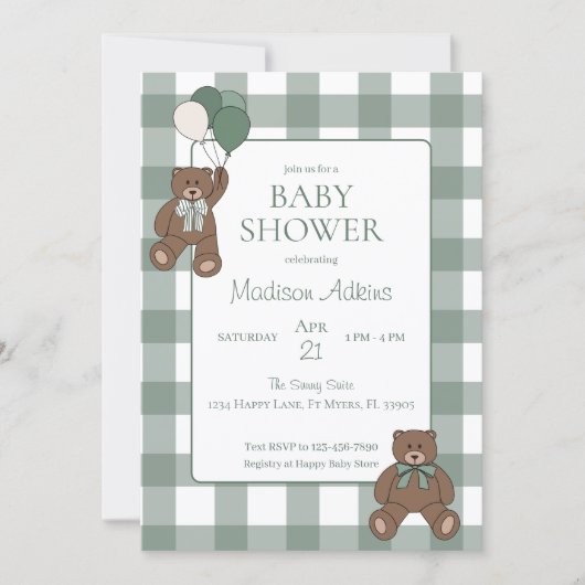 Invitation Sage Green White Bows and Teddy Bears Baby Shower (Devant)