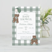 Invitation Sage Green White Bows and Teddy Bears Baby Shower (Debout devant)