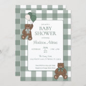 Invitation Sage Green White Bows and Teddy Bears Baby Shower (Devant / Derrière)
