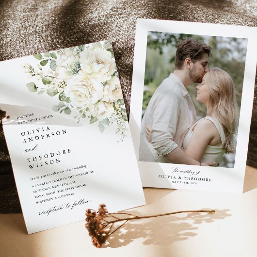 Invitation Sage Green White Floral Elegant Photo Back Wedding