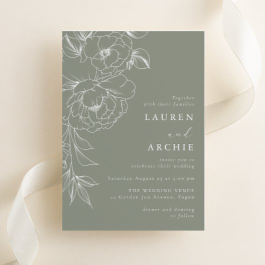Invitation Sage Green White Line Art Floral Wedding