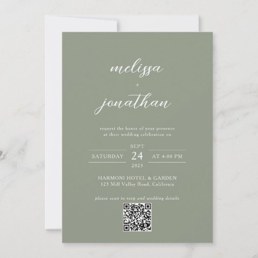 Invitation Sage Green & White Script Photo QR Code Mariage (Devant)