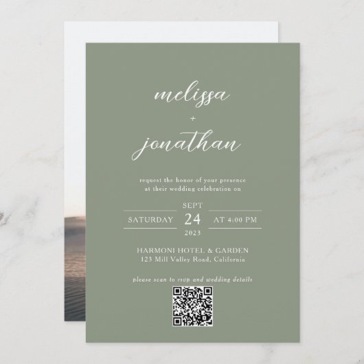 Invitation Sage Green & White Script Photo QR Code Mariage (Devant / Derrière)