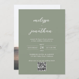 Invitation Sage Green & White Script Photo QR Code Mariage