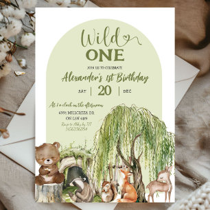 Invitation Sage Green Wild One Woodland Animaux 1er anniversa