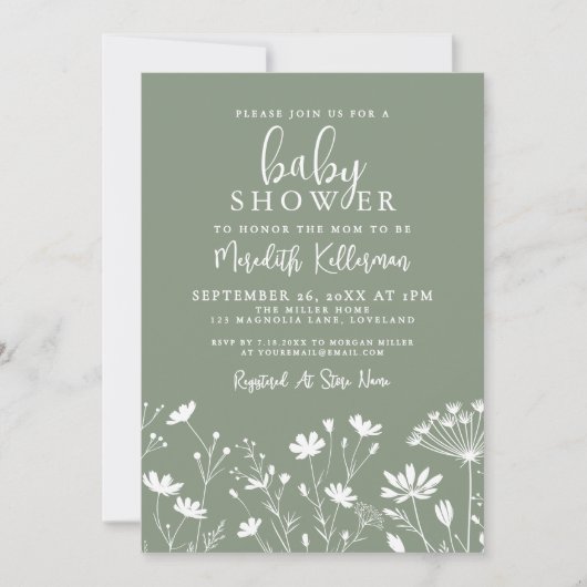 Invitation Sage Green Wildflower Baby Shower (Devant)